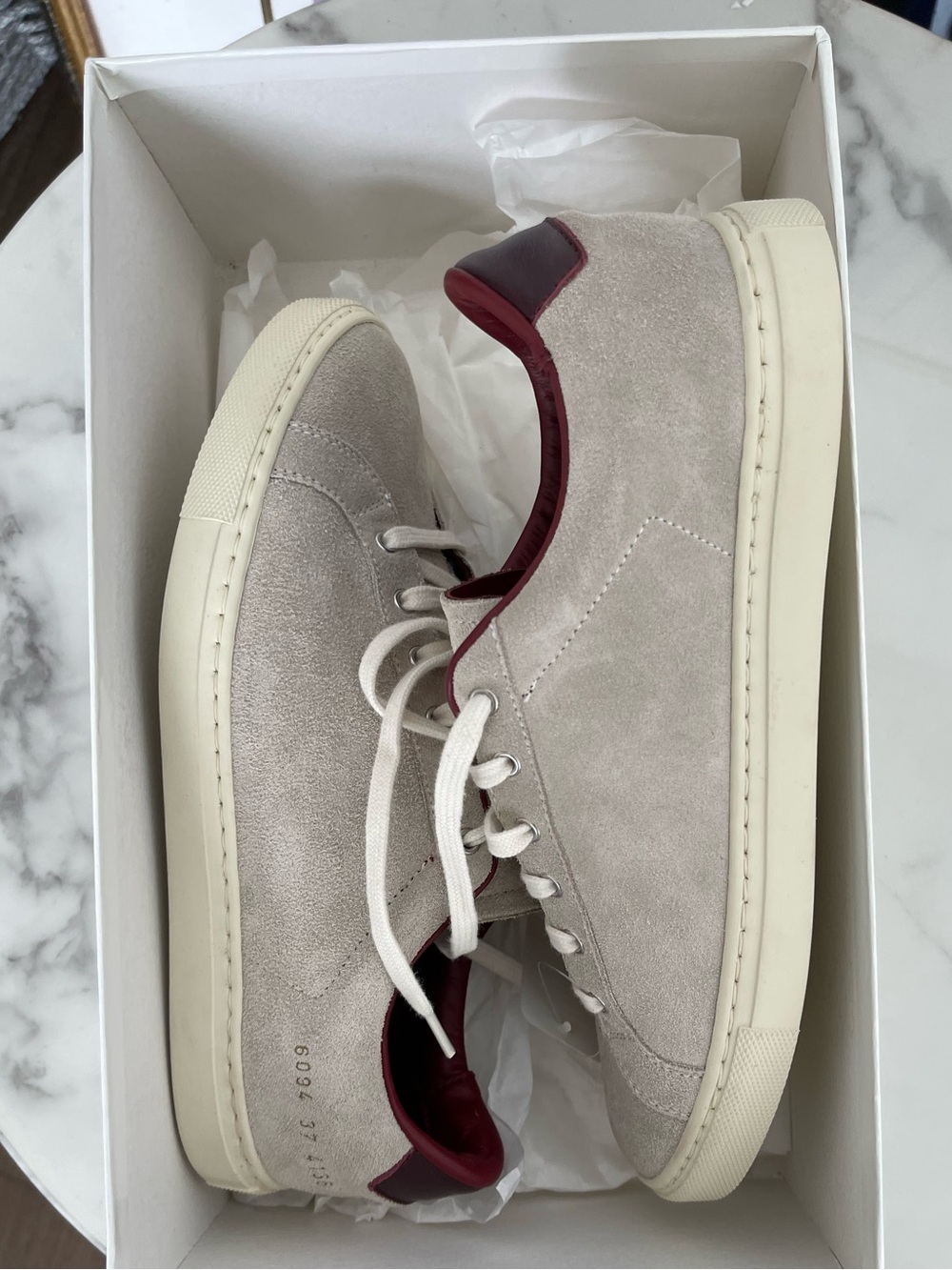 BRAND NWT Common projects! Suede Sneakers in Light Gray with Burgundy